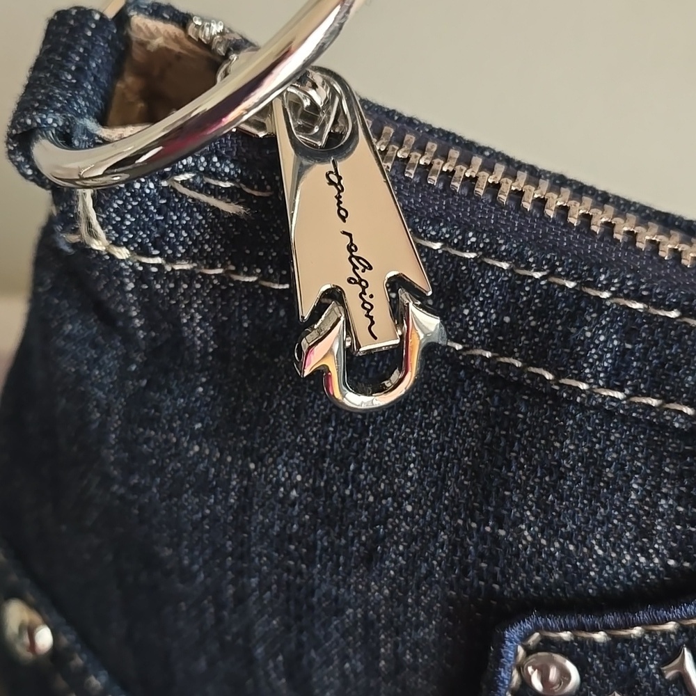 True Religion Rhinestone Studded Horseshoe Denim Shoulder Bag - Picture 5 of 10